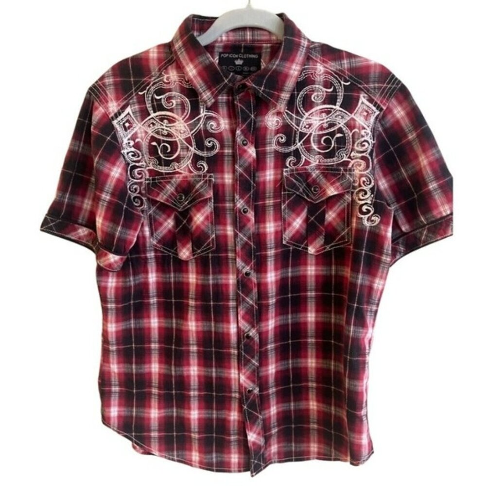 Pop Icon Clothing Men's Western Cowboy Embroidered Short Sleeve Medium Snap Read